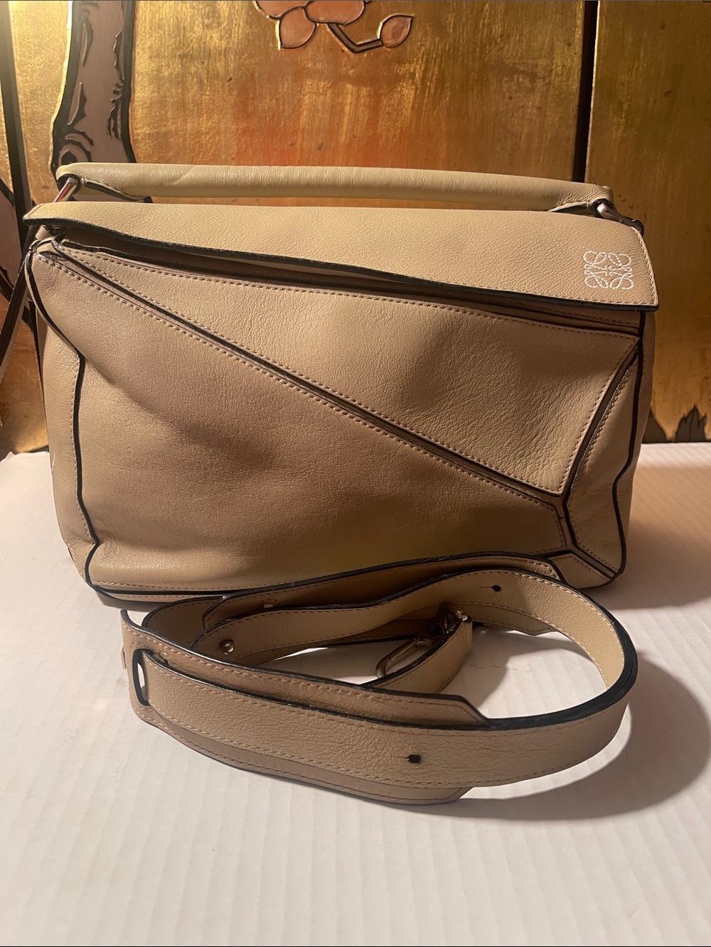 Loewe Neutral Beige Puzzle Leather Shoulder Bag with Detachable Strap LARGE